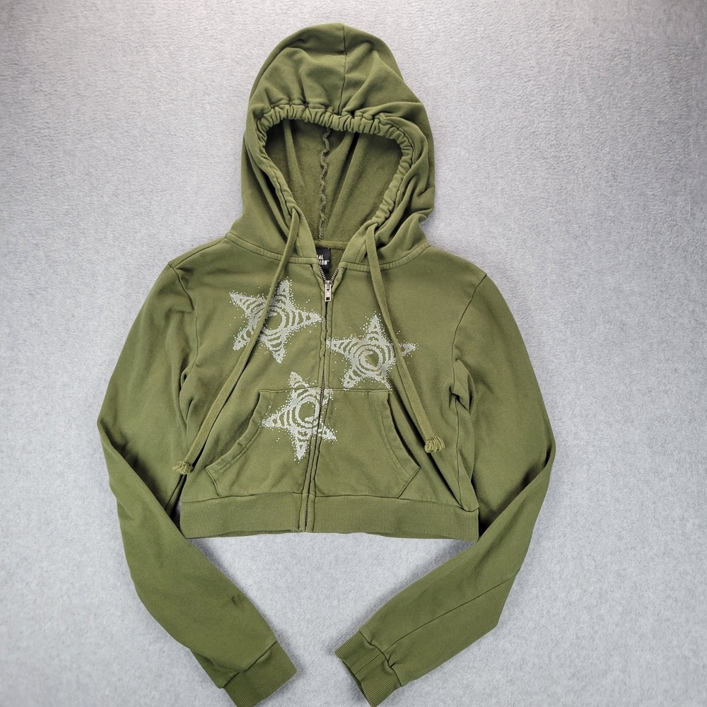 Social Collision Crop Hoodie Full‎ Zip Green Size S Grunge Star Goth